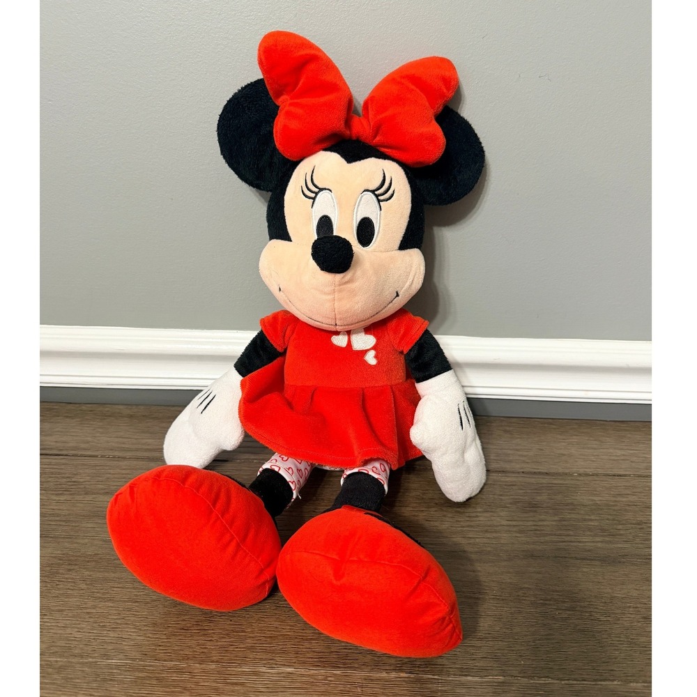 Disney Minnie Mouse Plush Red Heart Dress Bow Stuffed Animal Toy